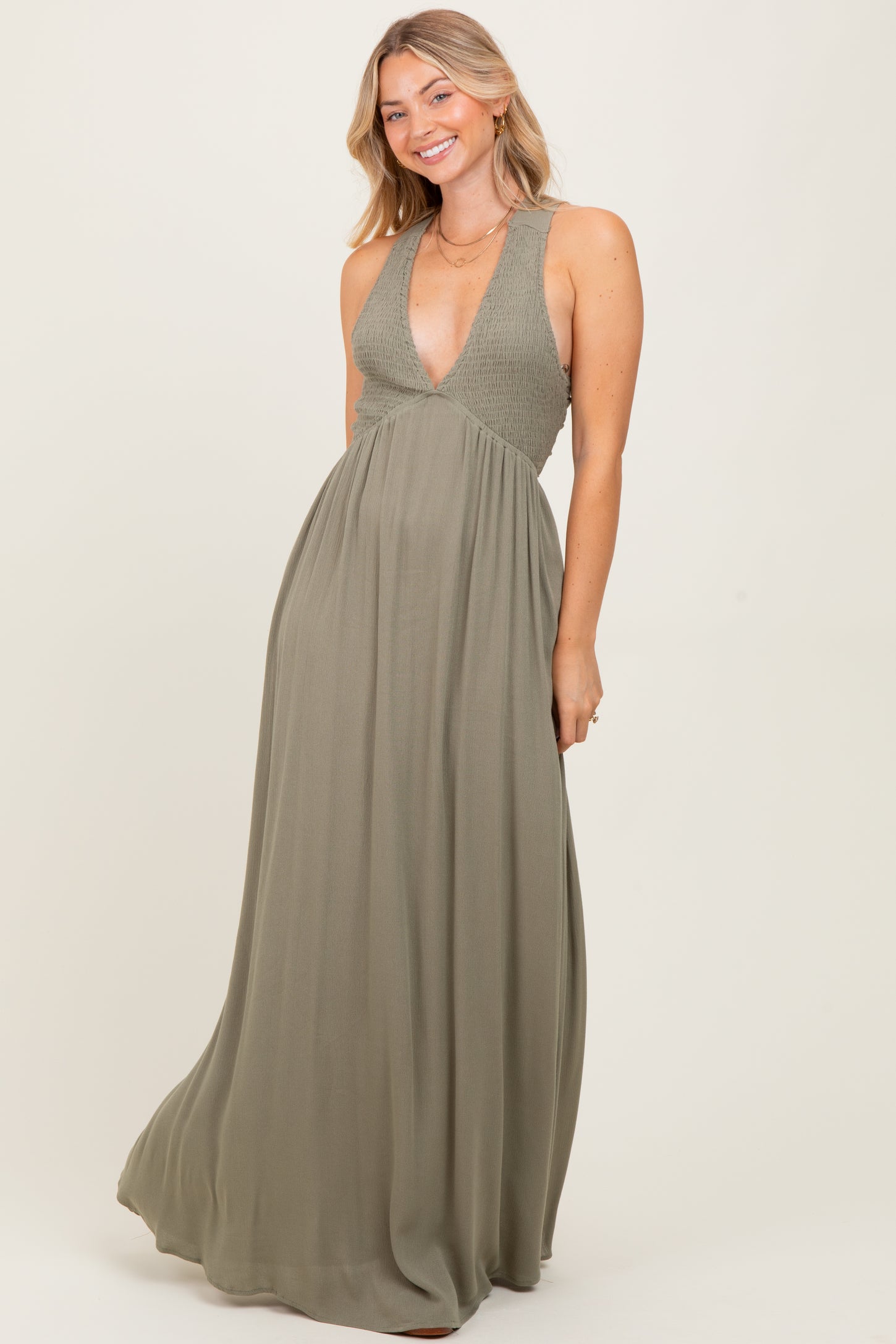 Olive Deep V-Neck Cross Back Maxi Dress
