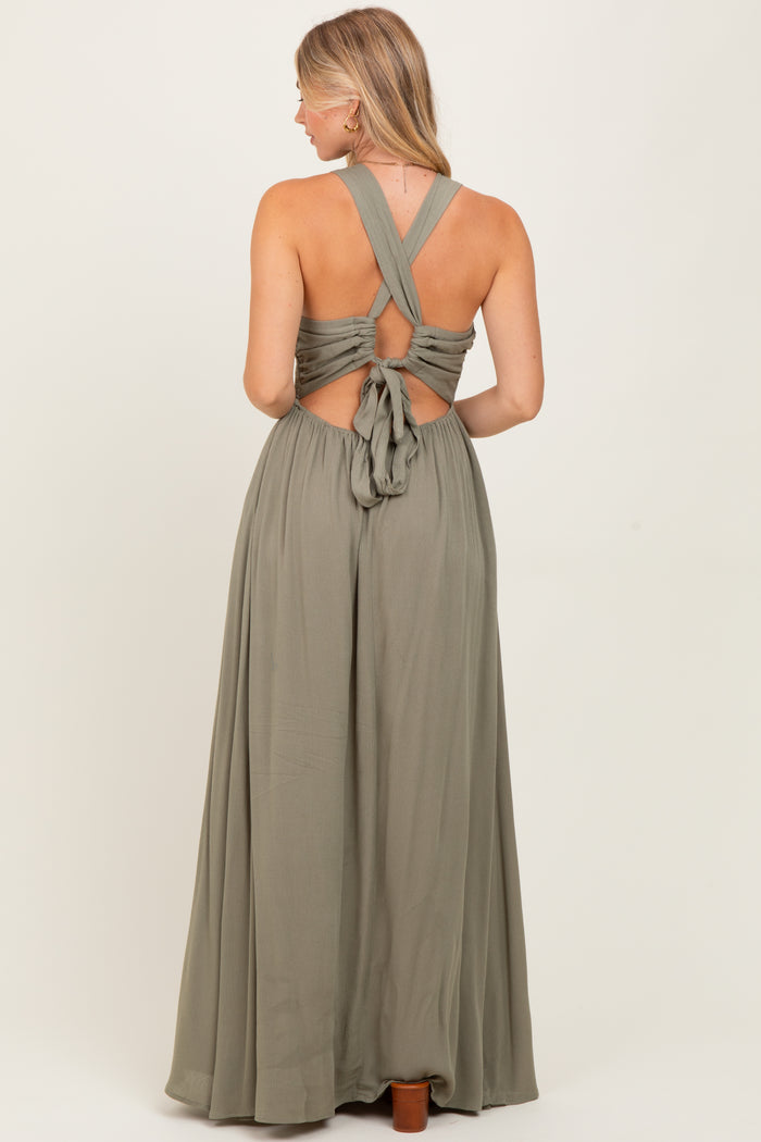 Olive Deep V-Neck Cross Back Maxi Dress