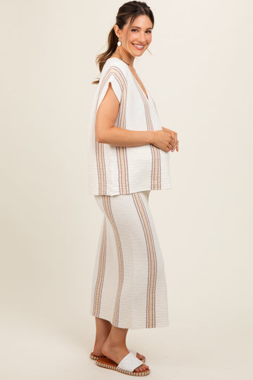 Ivory Striped Knit V-Neck Maternity Midi Skirt Set