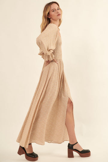 Sand Floral Square Neck Smocked Long Sleeve Maxi Dress