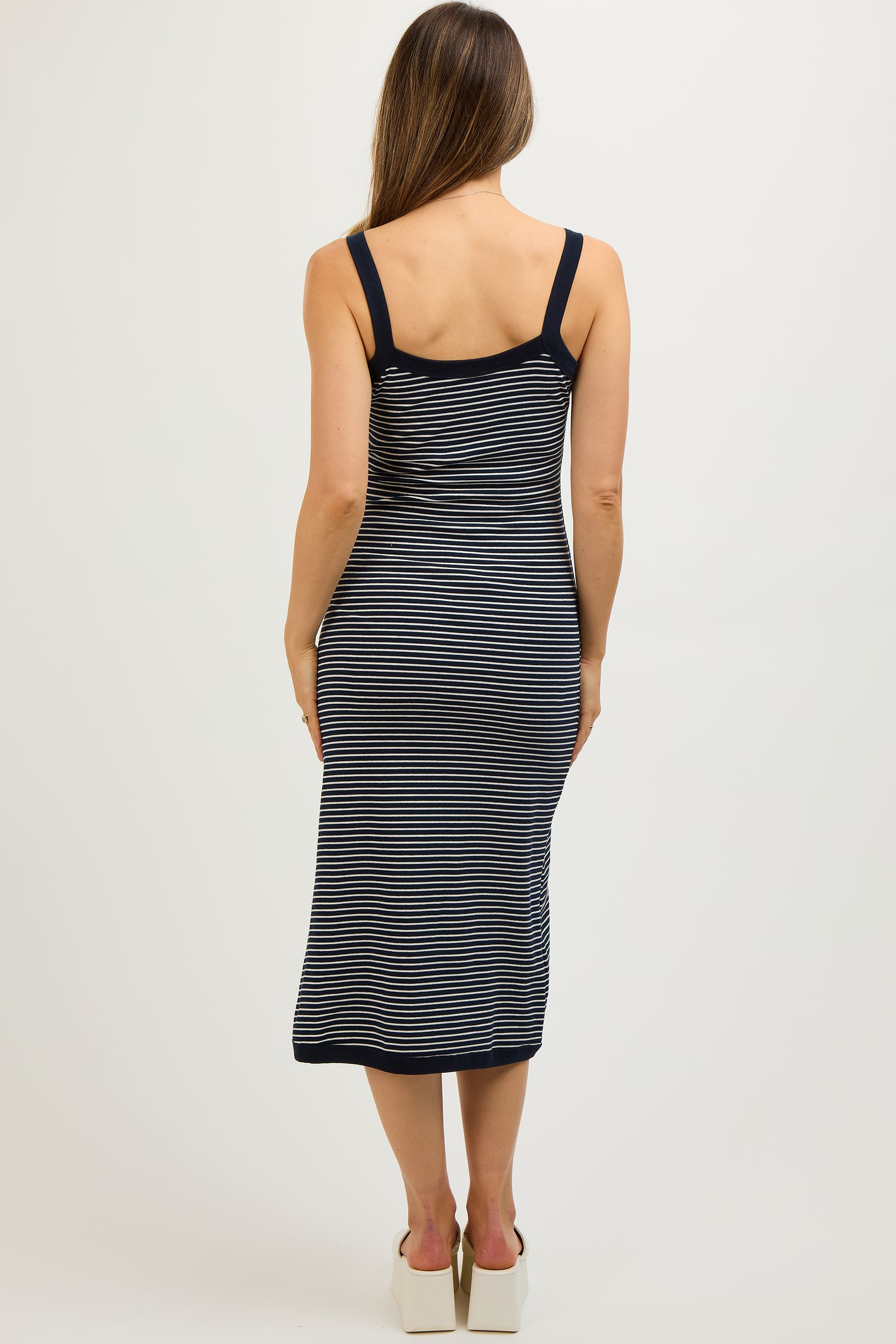 Navy Striped Sleeveless Fitted Side Slit Maternity Dress