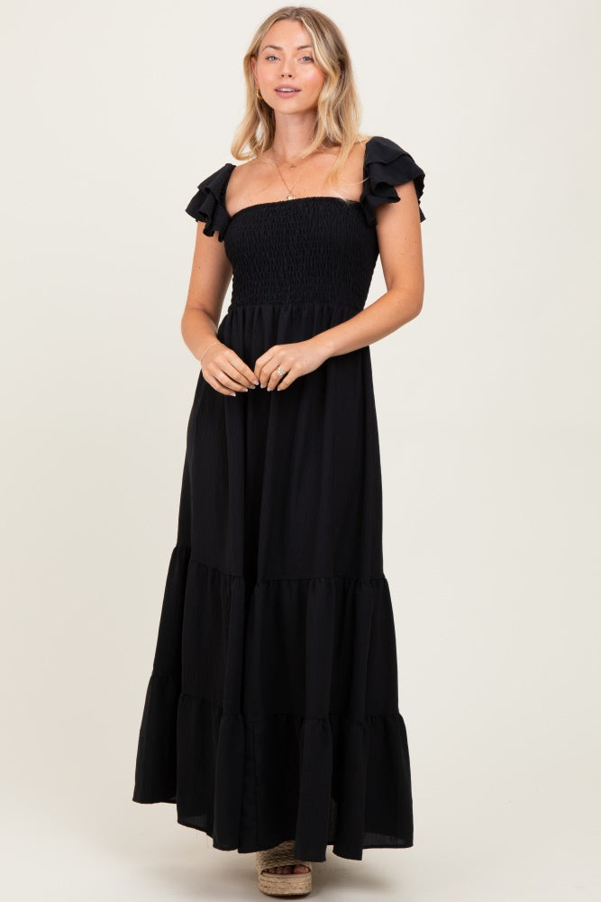 Black Smocked Ruffle Off Shoulder Tiered Maxi Dress