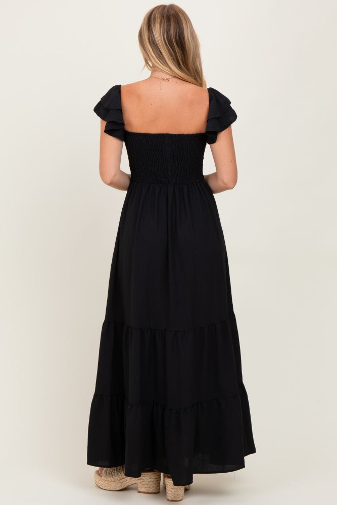 Black Smocked Ruffle Off Shoulder Tiered Maxi Dress