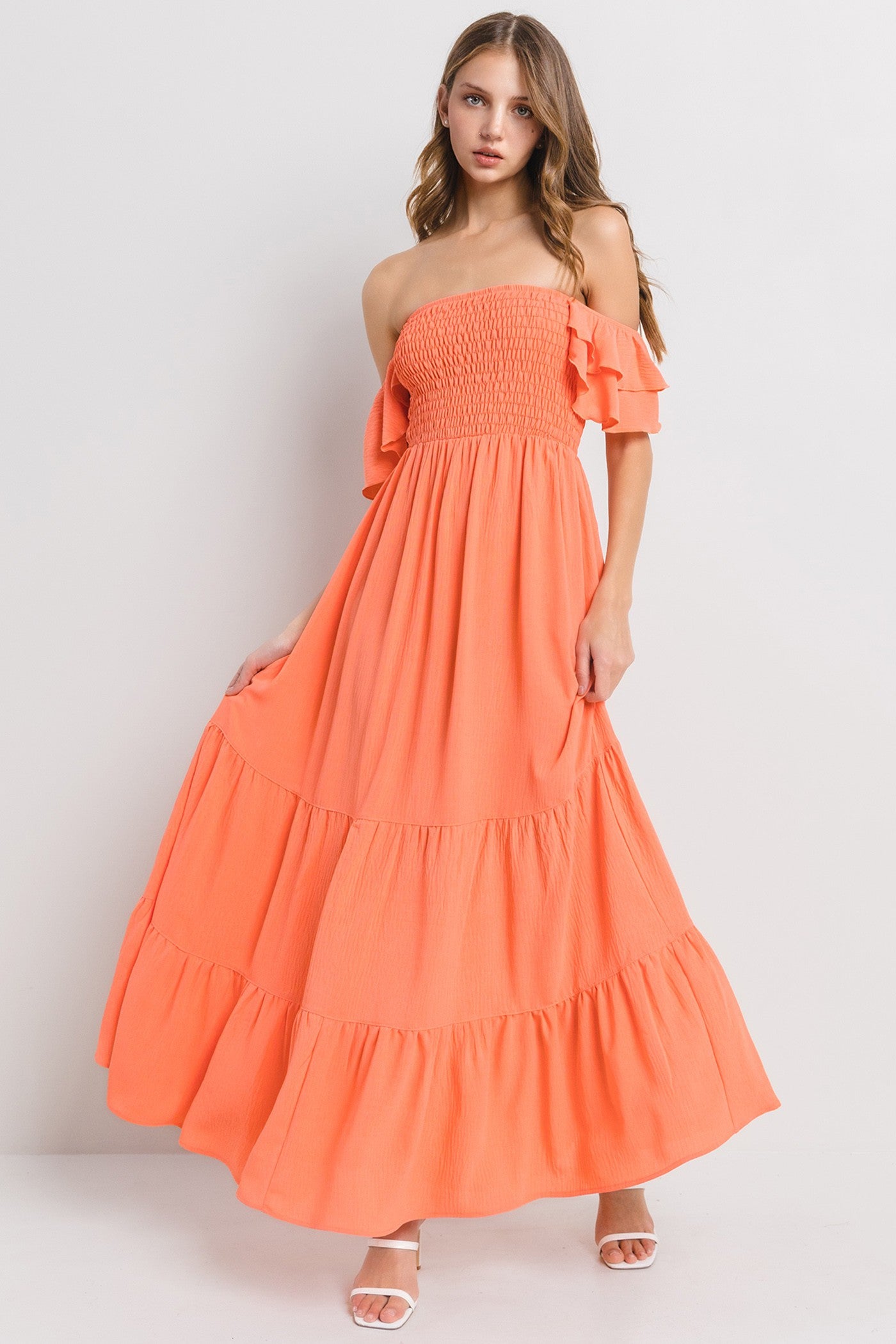Orange Smocked Ruffle Off Shoulder Tiered Maternity Maxi Dress PinkBlush Orange Smocked Ruffle Off Shoulder Tiered Maternity Maxi Dress PinkBlush