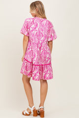 Fuchsia Print Satin Puff Sleeve Dress