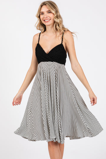 Black Striped Lace V-Neck Dress