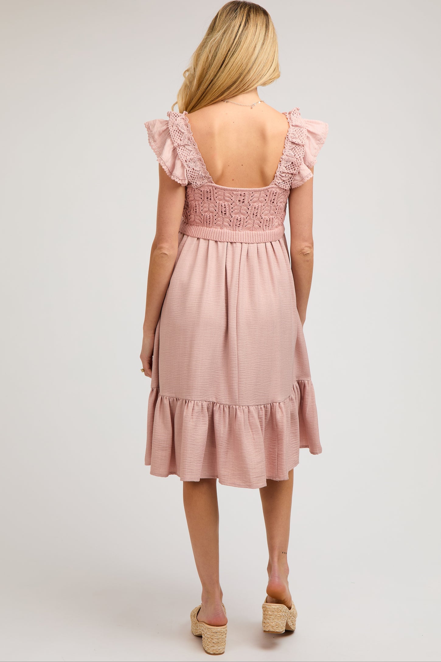 Mauve Crochet Knit Maternity Knee Length Dress