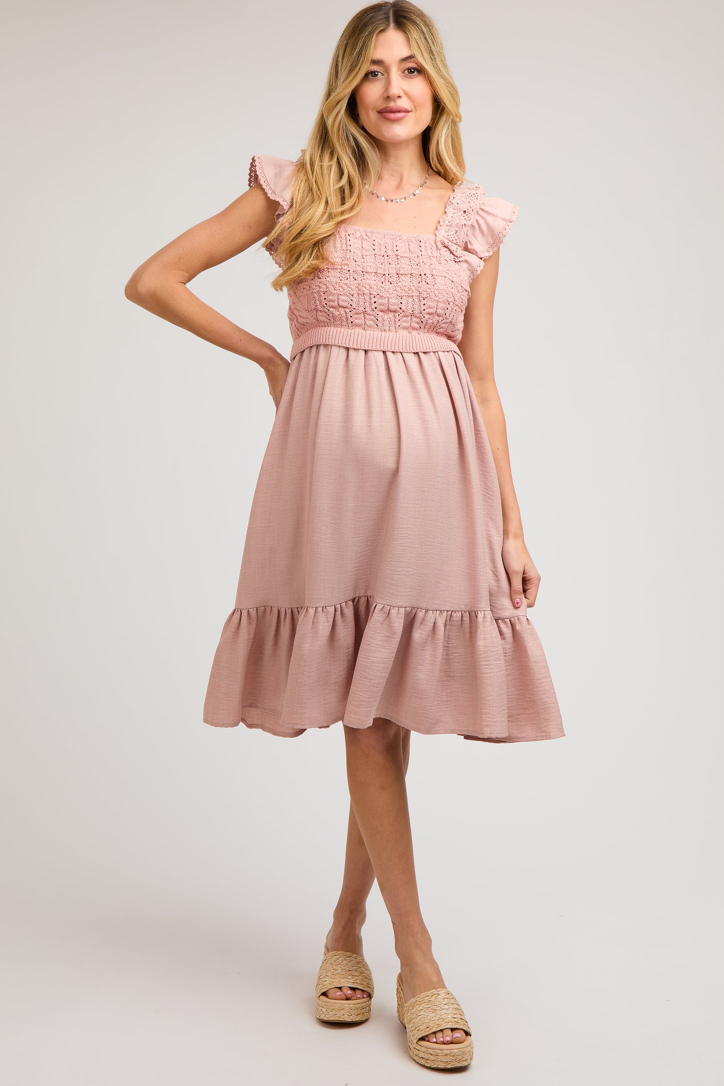 Mauve Crochet Knit Maternity Knee Length Dress