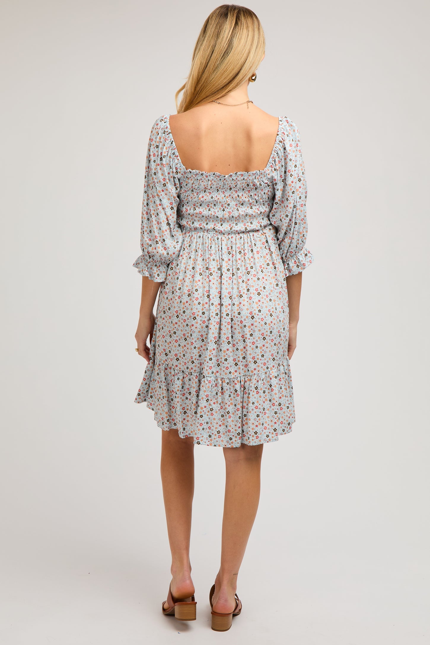 Blue Floral Smocked Maternity Dress