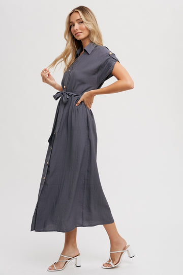 Charcoal Button Front Belted Short Sleeve Midi Dress