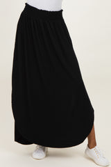 Black Smocked Rounded Hem Maxi Skirt