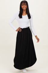 Black Smocked Rounded Hem Maxi Skirt