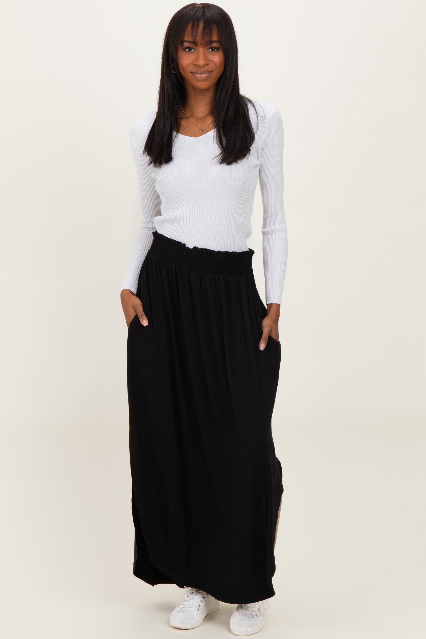 Black Smocked Rounded Hem Maxi Skirt