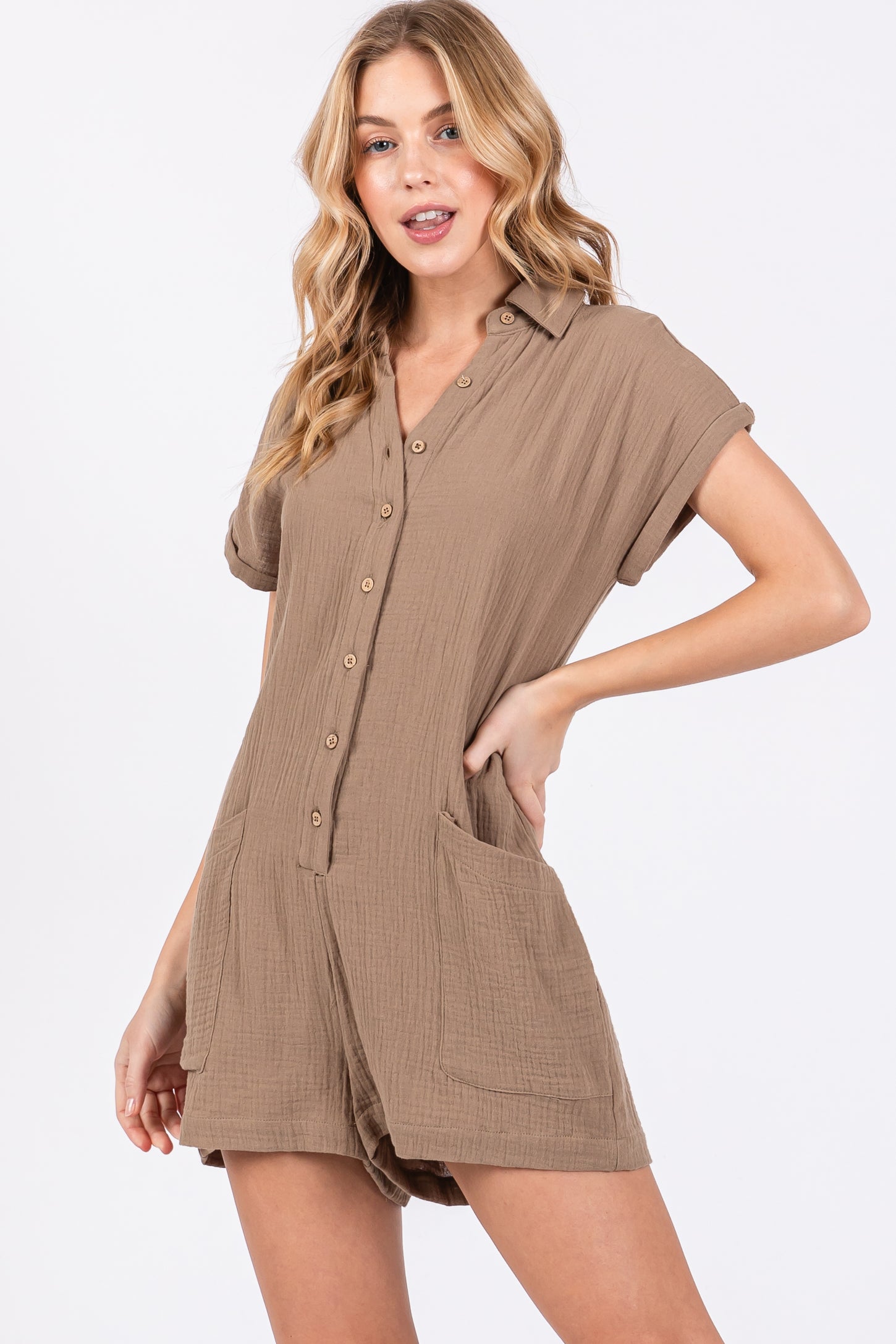 Taupe Gauze Button Up Front Pocket Romper