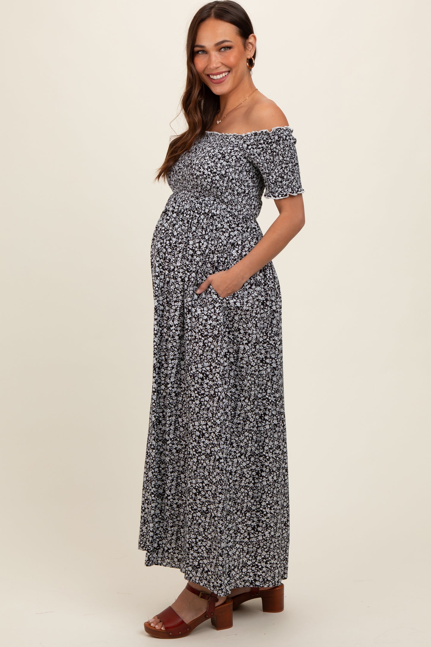 Black Floral Smocked Fitted Sleeve Side Slit Maternity Maxi Dress