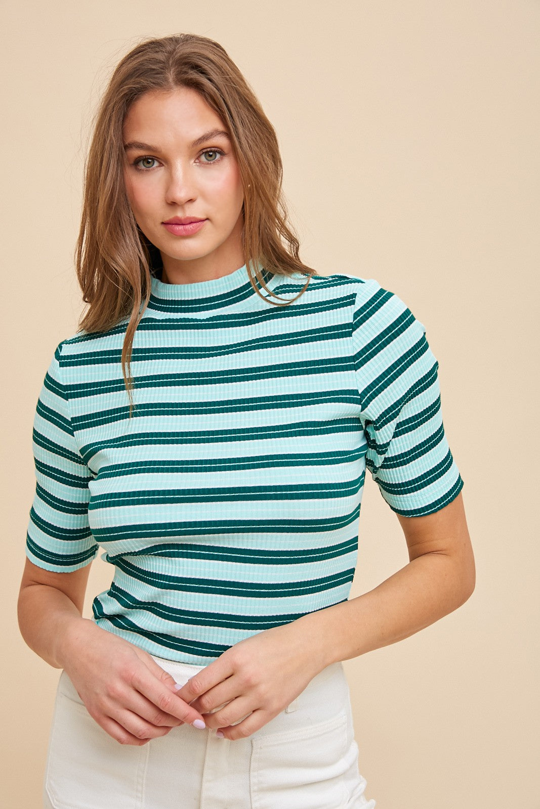 Mint Striped Ribbed Mock Neck Top