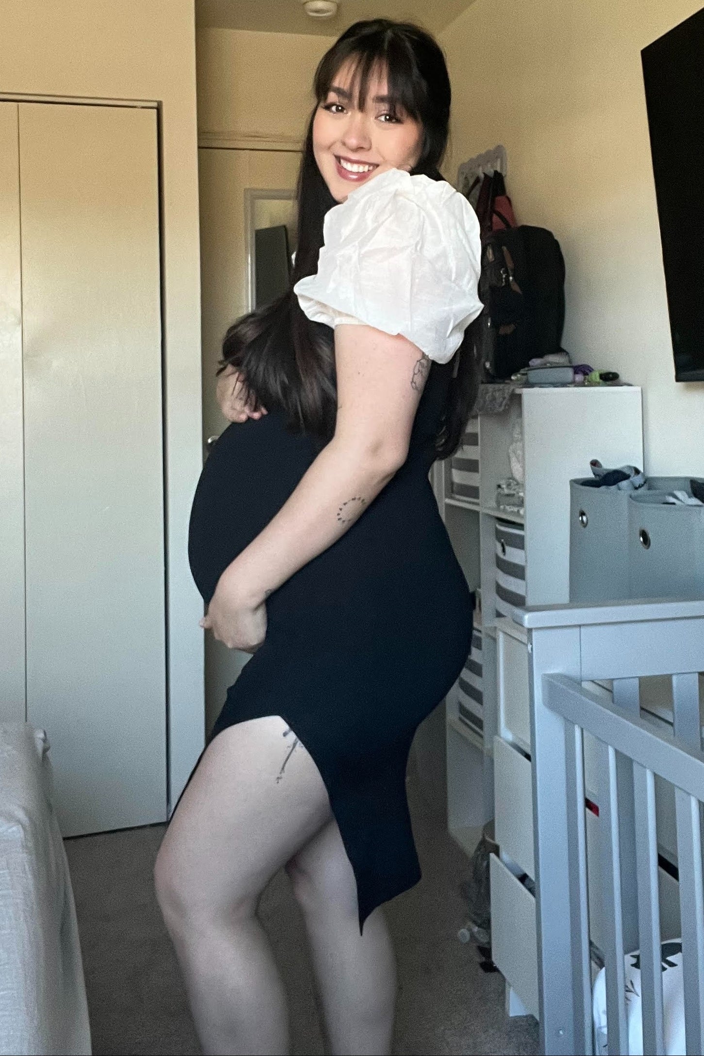 Black Rib Knit Contrast Puff Sleeve Maternity Midi Dress