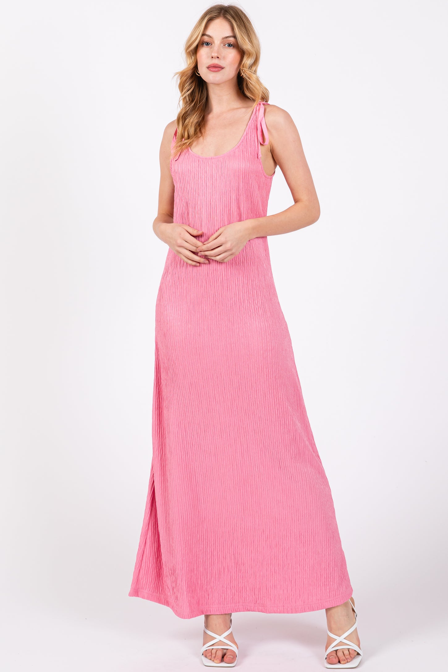 Pink Textured Tie Strap Maternity Midi Dress