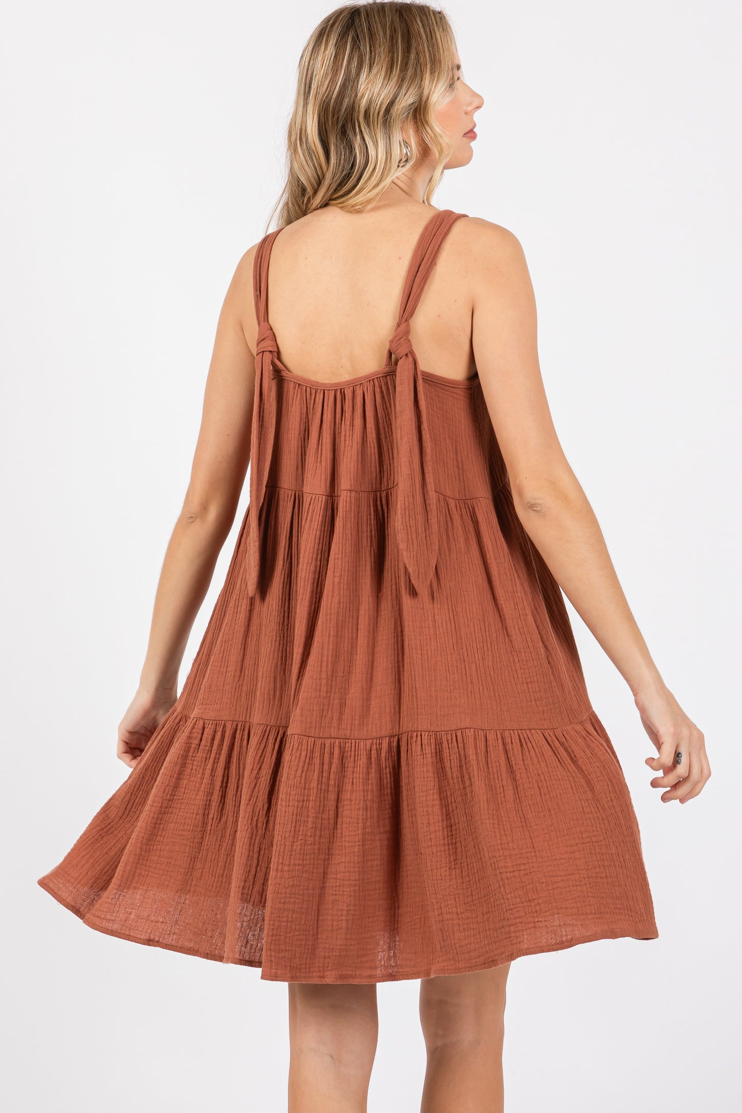 Mocha Sleeveless Tiered Ruffle Hem Dress
