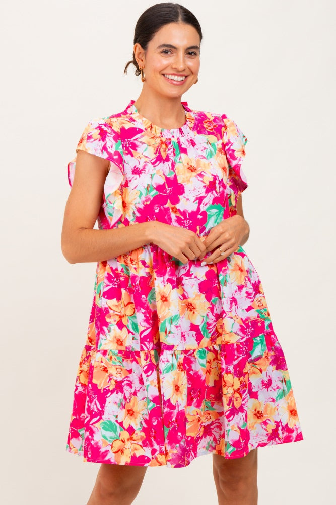 Fuchsia Floral Ruffle Tiered Maternity Dress