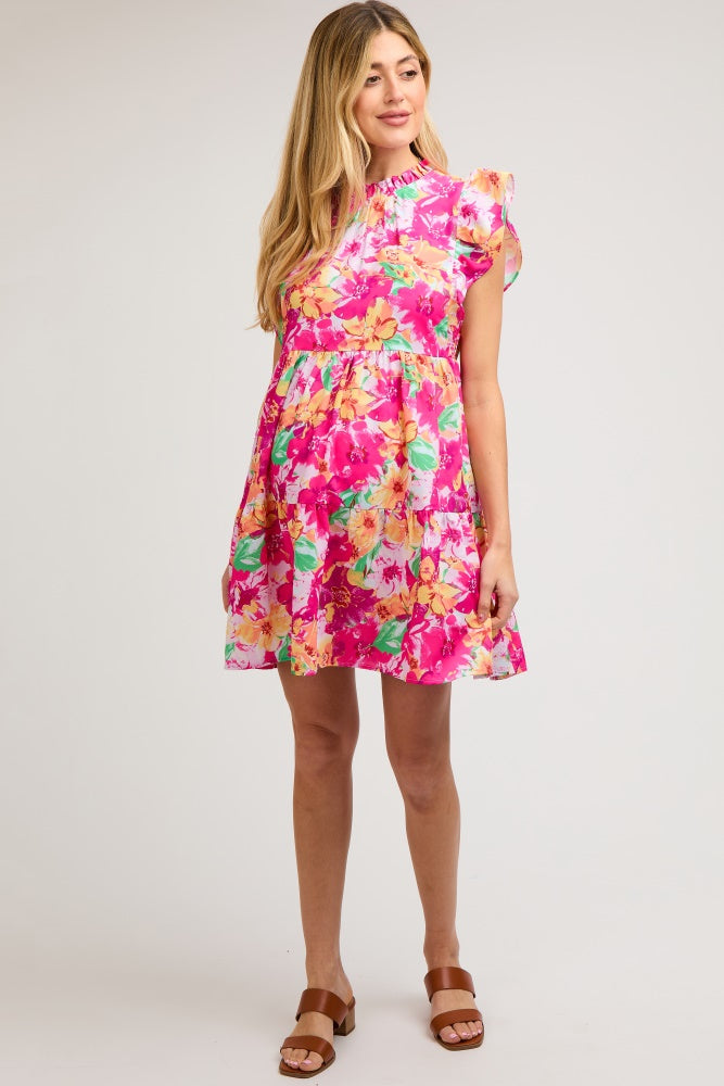 Fuchsia Floral Ruffle Tiered Maternity Dress