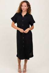 Black Button Down Front Pocket Midi Dress