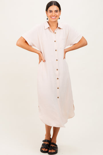 Beige Button Down Front Pocket Midi Dress