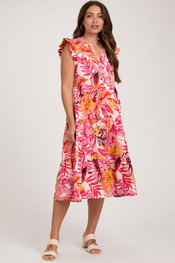 Coral Floral Flutter Sleeve Tiered Maternity Midi Dress