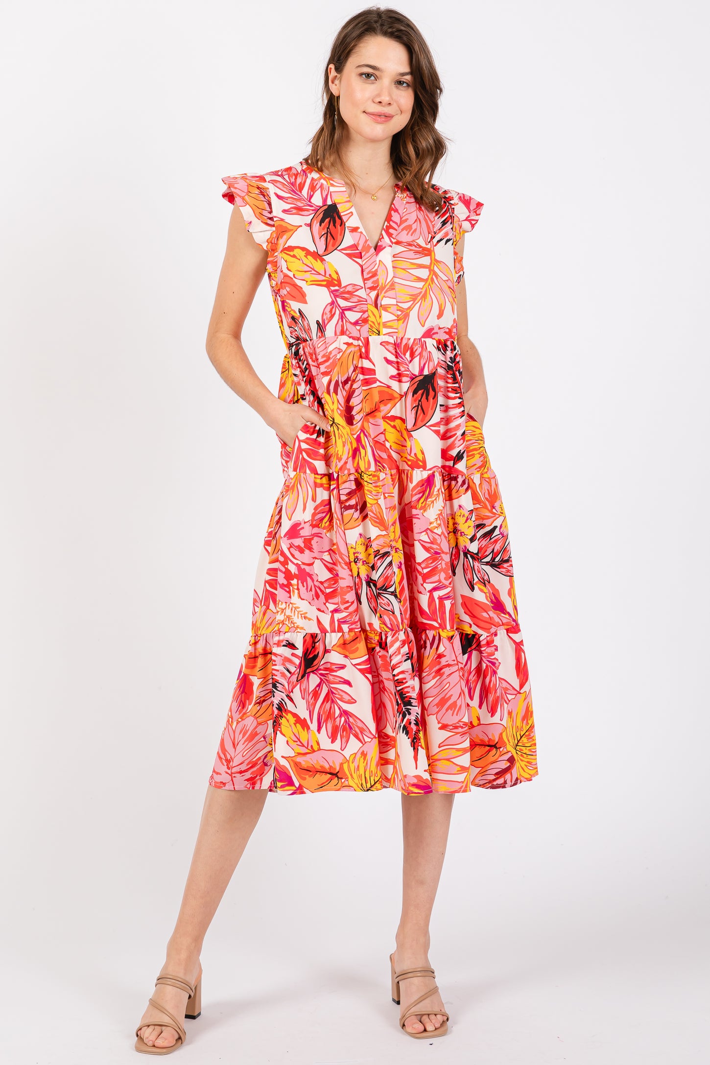 Coral Floral Flutter Sleeve Tiered Maternity Midi Dress