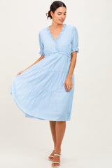 Light Blue Ruffle Trim Tiered Dress