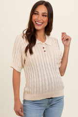 Beige Knit Button Collared Maternity Top