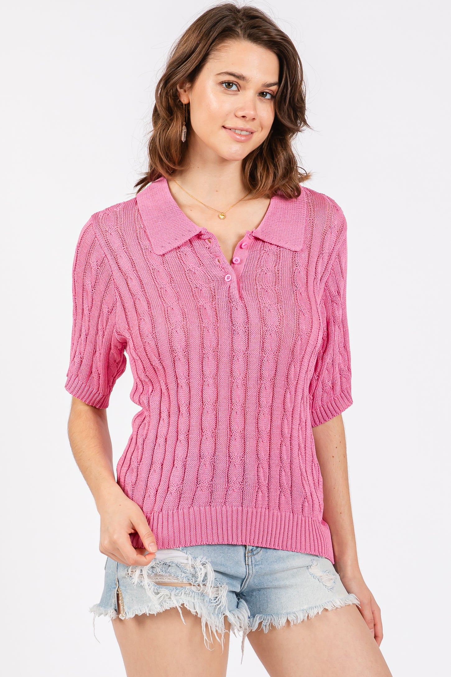 Pink Knit Button Collared Top