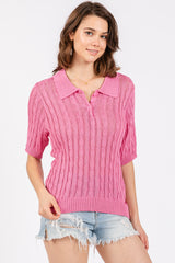 Pink Knit Button Collared Top