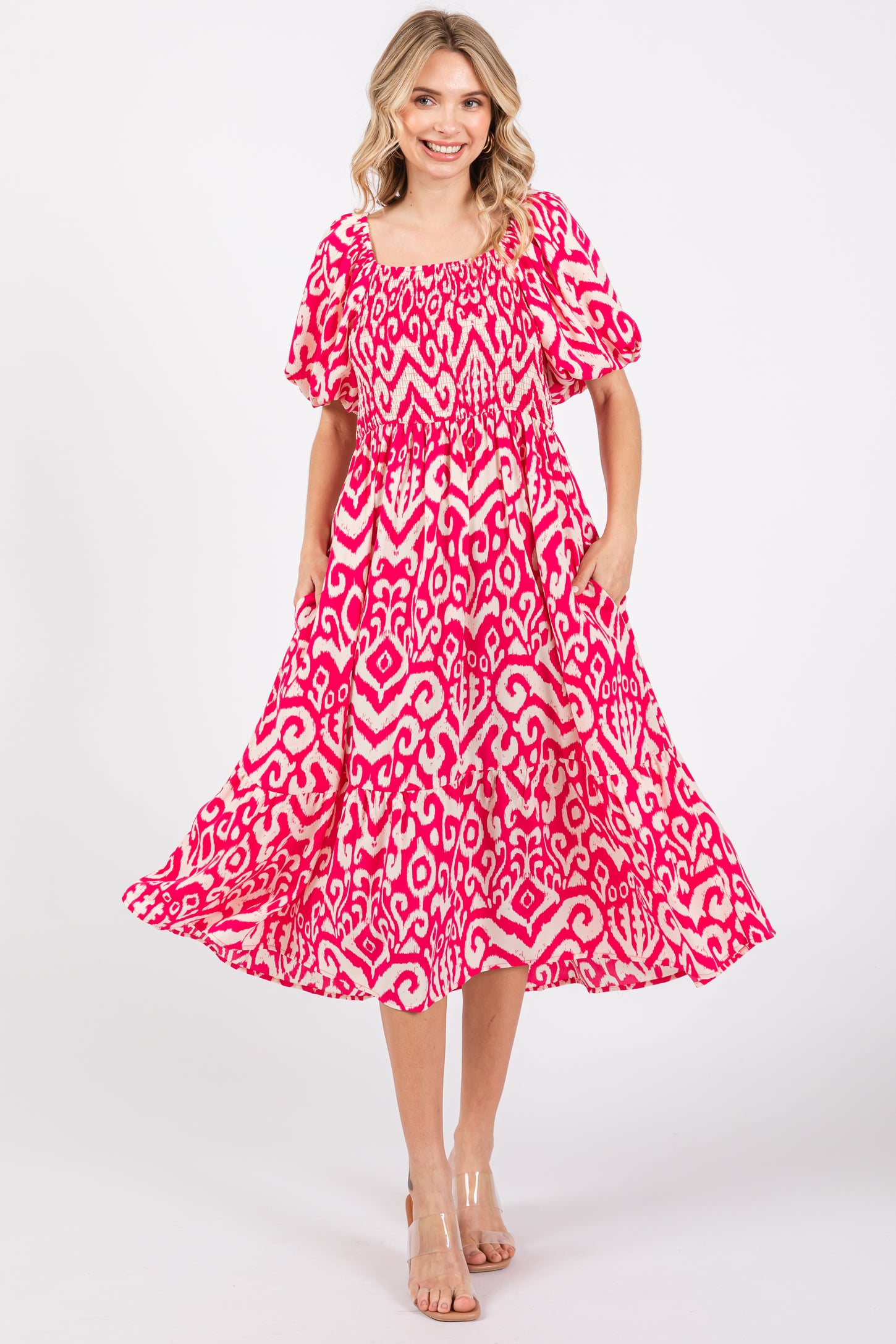 Fuchsia Square Neck Smocked Ruffle Midi Dress