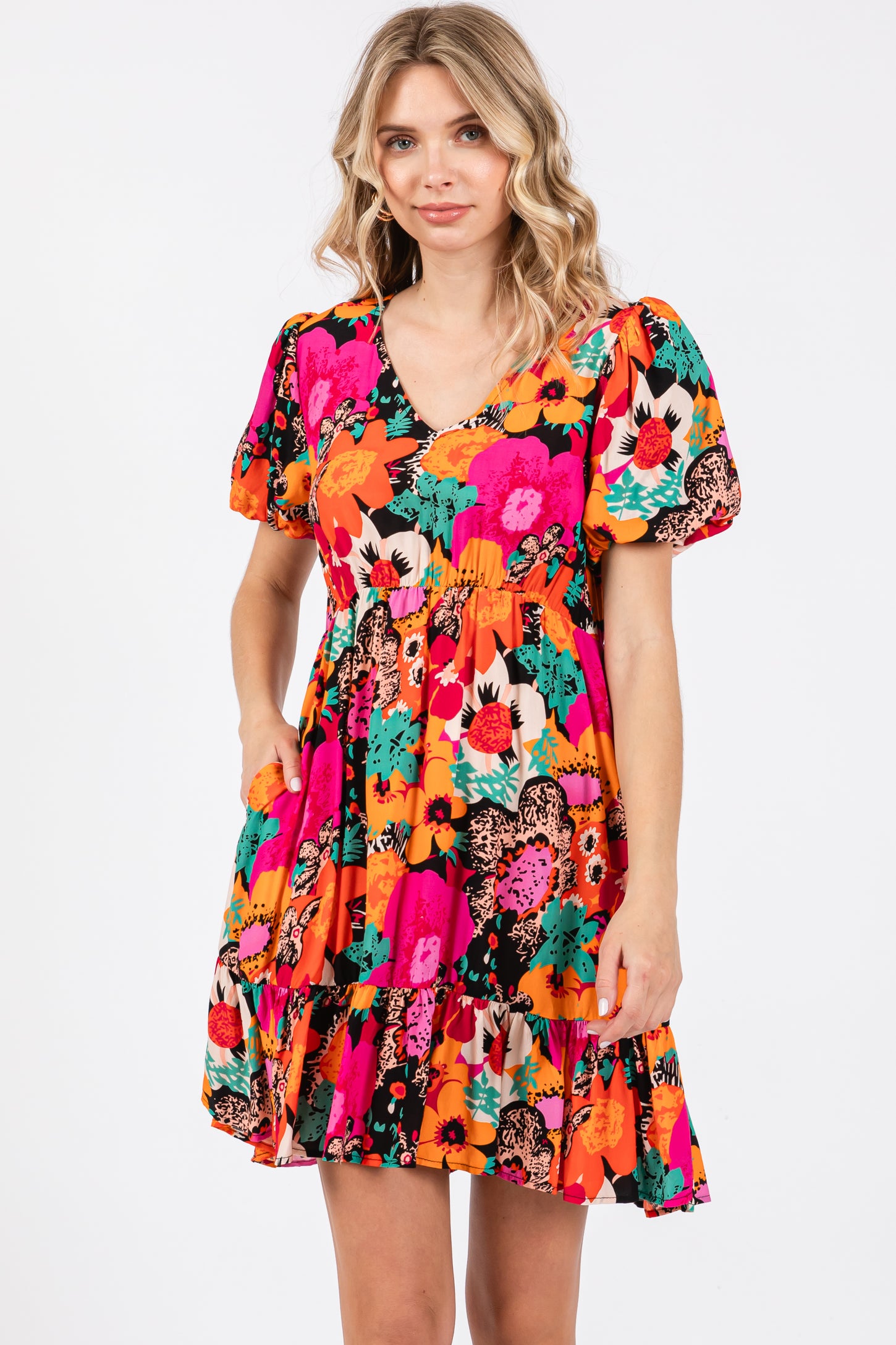 Multi-Color Floral Puff Sleeve Ruffle Hem Maternity Dress