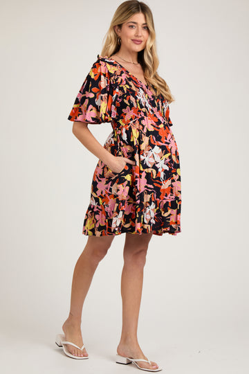 Navy Floral Smocked Ruffle Hem Maternity Dress