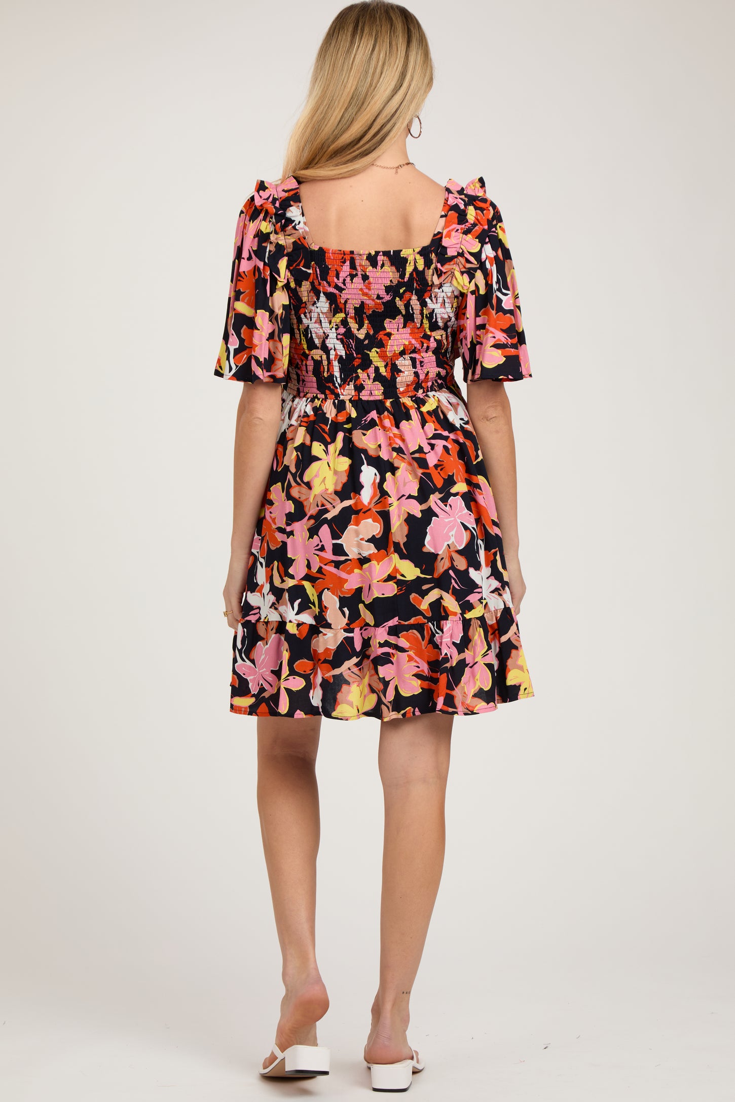 Navy Floral Smocked Ruffle Hem Maternity Dress