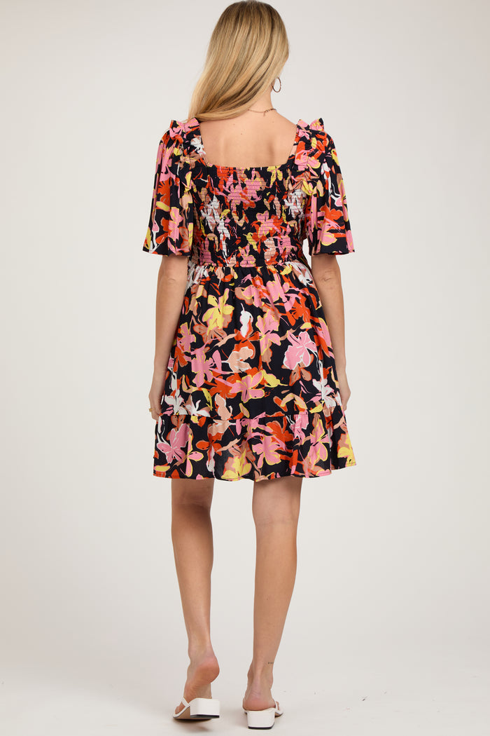 Navy Floral Smocked Ruffle Hem Maternity Dress