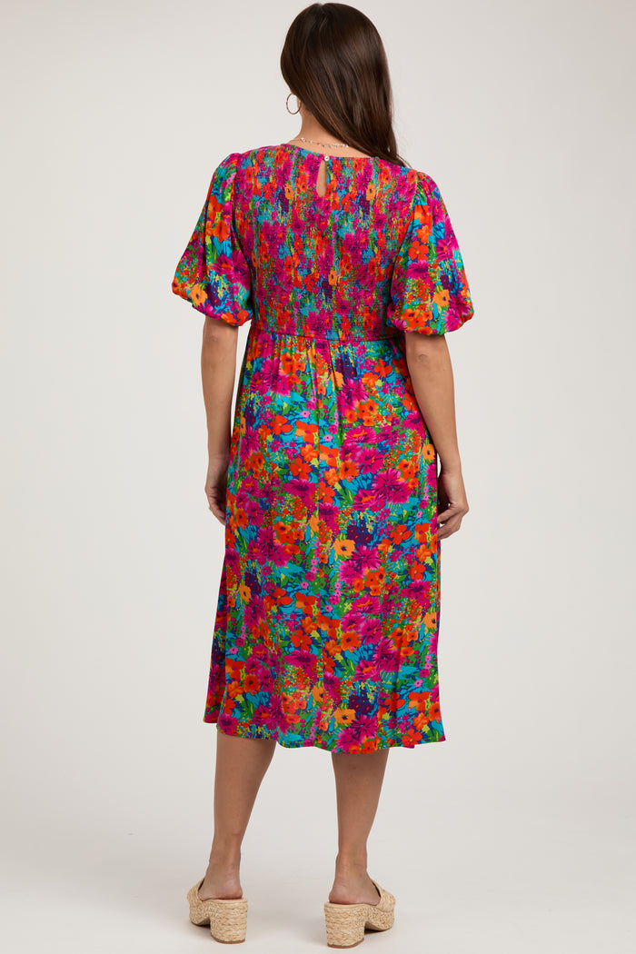 Fuchsia Multi-Color Floral Smocked Puff Sleeve Maternity Dress