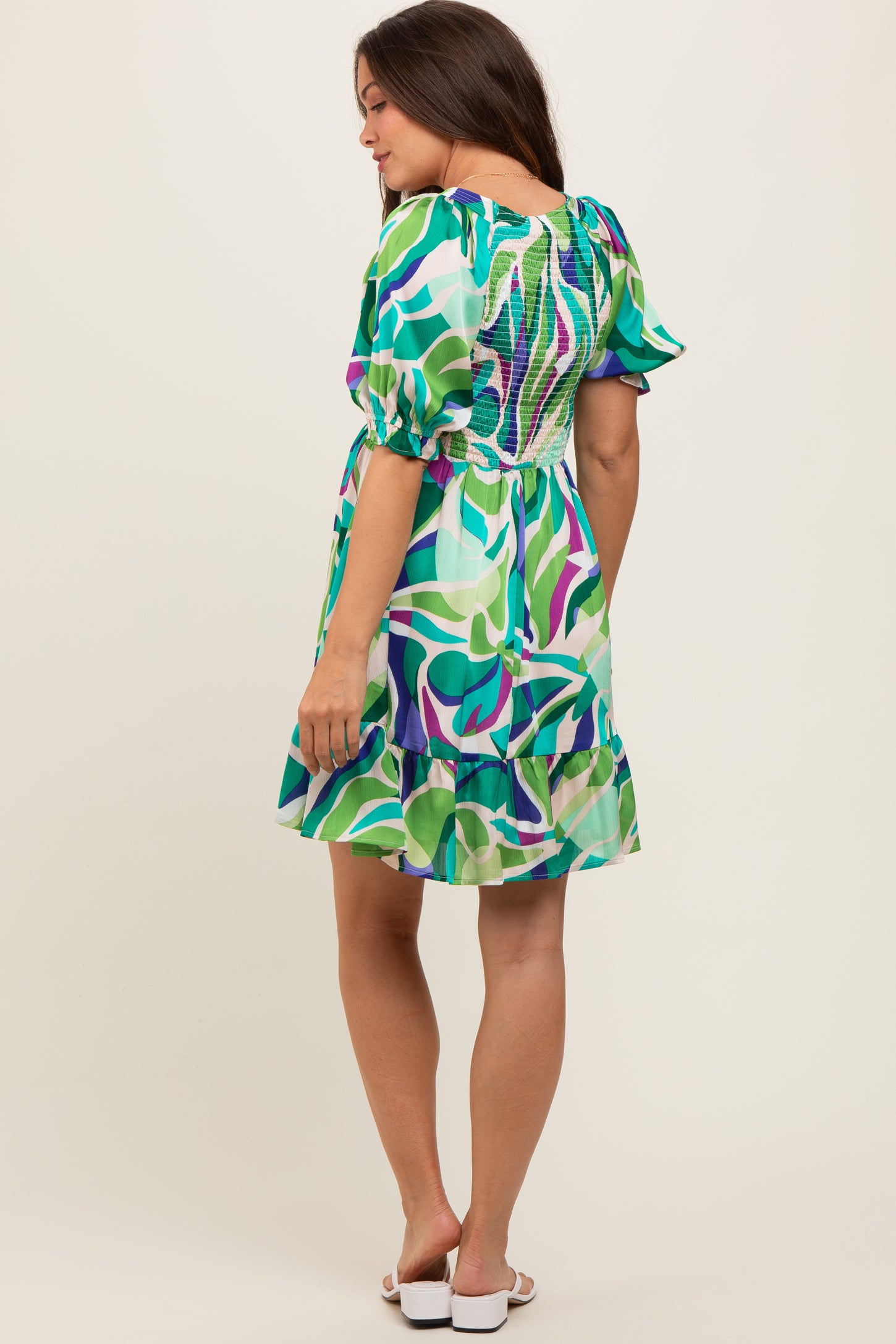 Emerald Green Abstract Print Smocked Maternity Dress