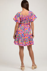 Pink Multi-Color Tropical Print Ruffle Hem Maternity Dress