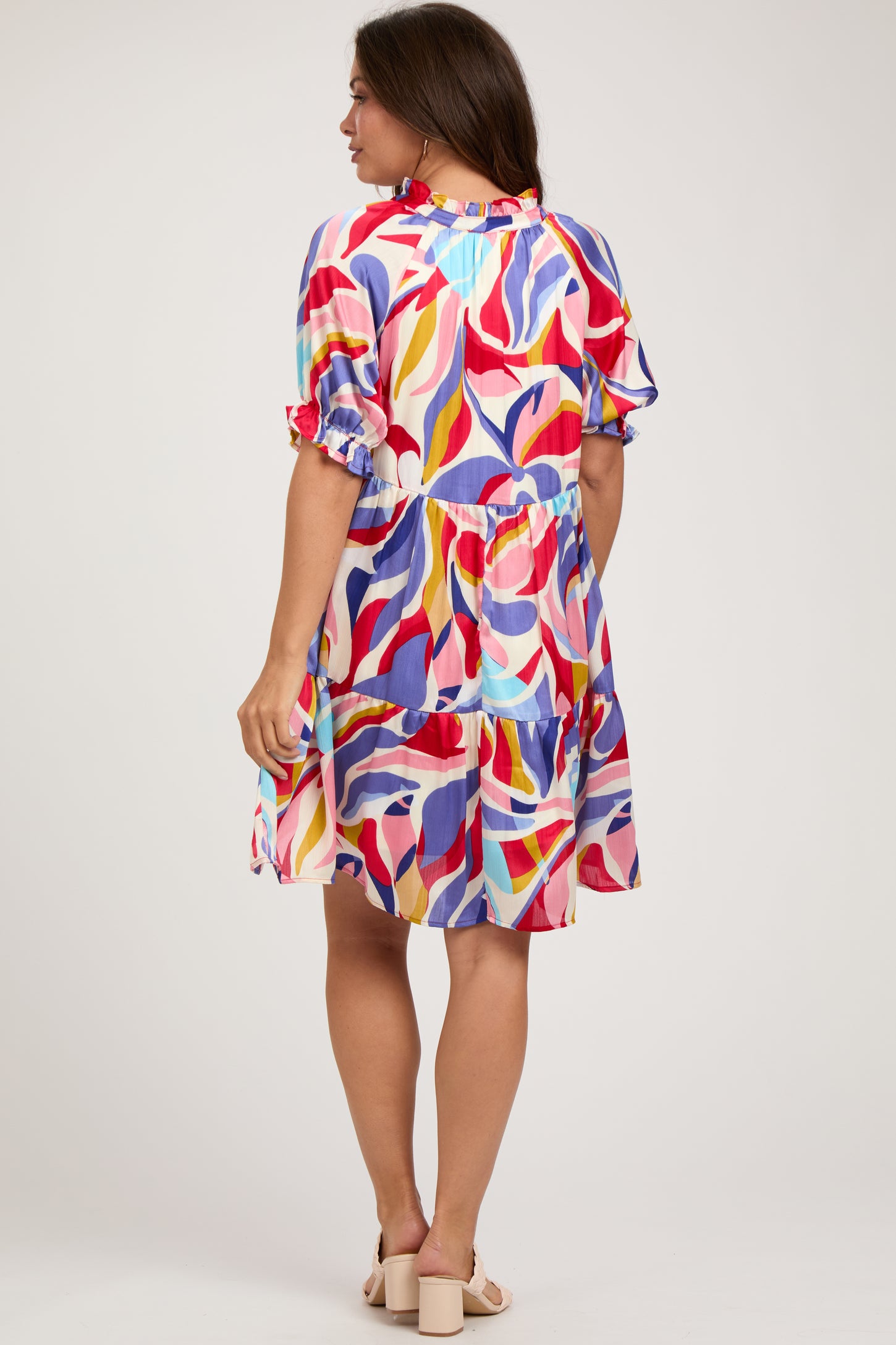 Red Multi-Color Patterned Ruffle Tiered Maternity Dress