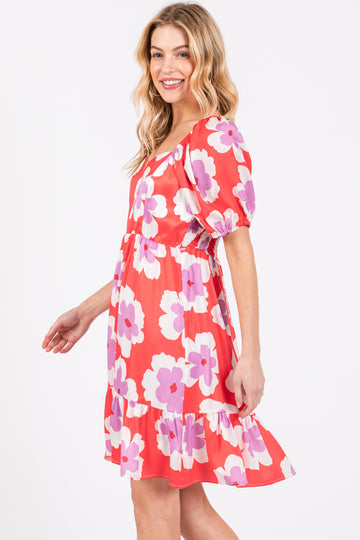 Red Floral Ruffle Hem Dress