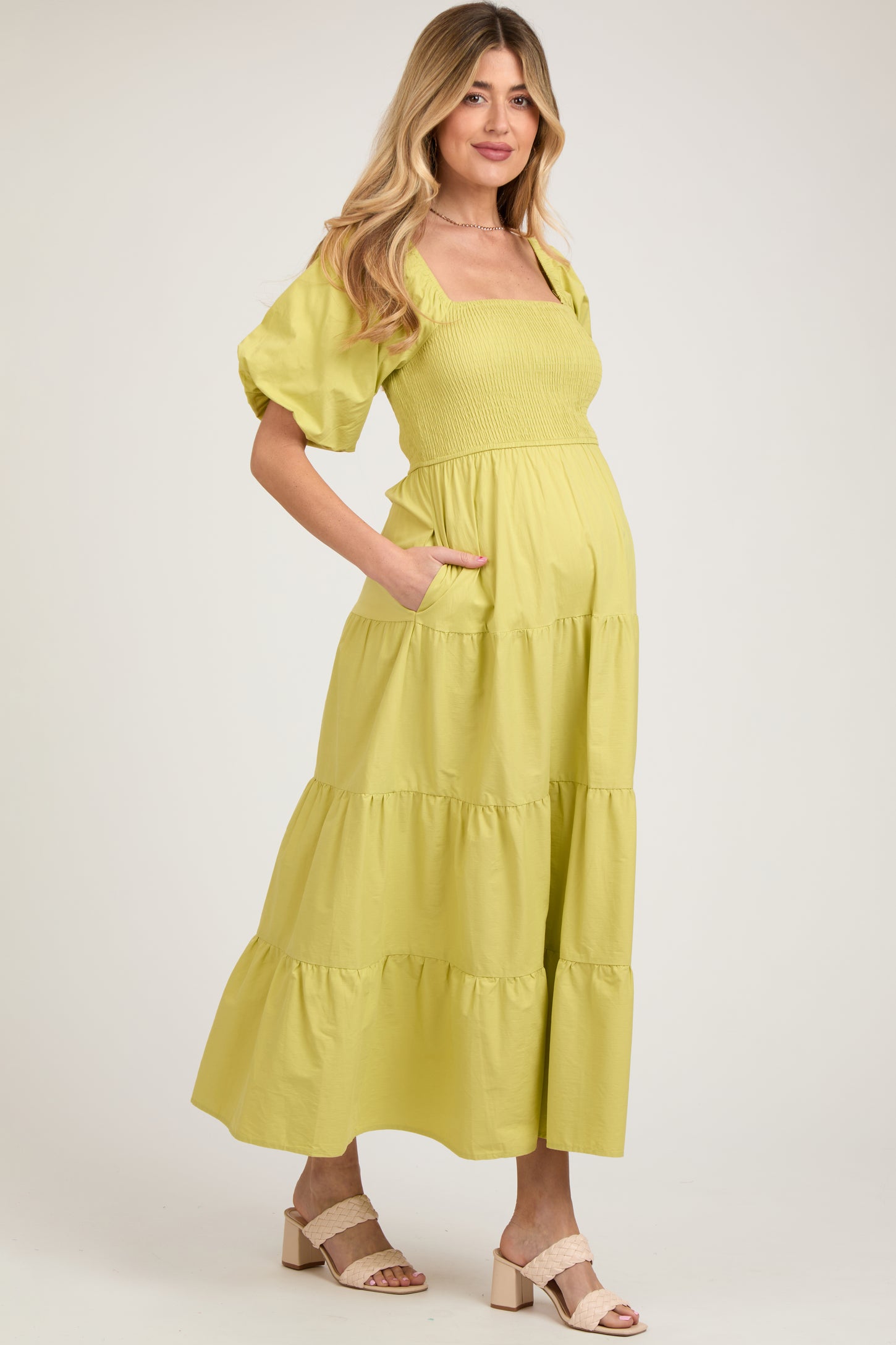 Light Olive Smocked Square Neck Puff Sleeve Tiered Maternity Maxi Dress
