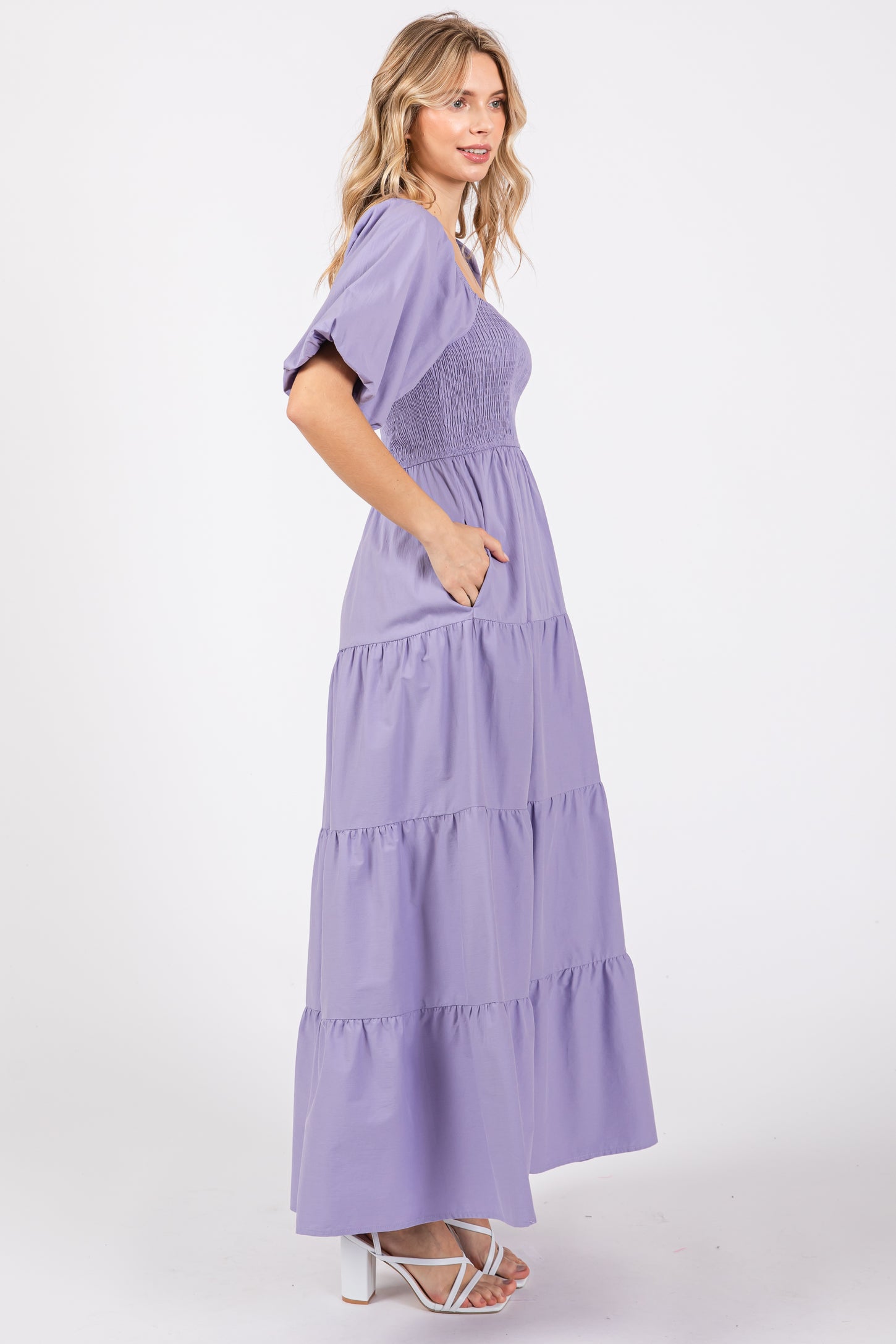 Lavender Smocked Square Neck Puff Sleeve Tiered Maxi Dress PinkBlush Lavender Smocked Square Neck Puff Sleeve Tiered Maxi Dress PinkBlush