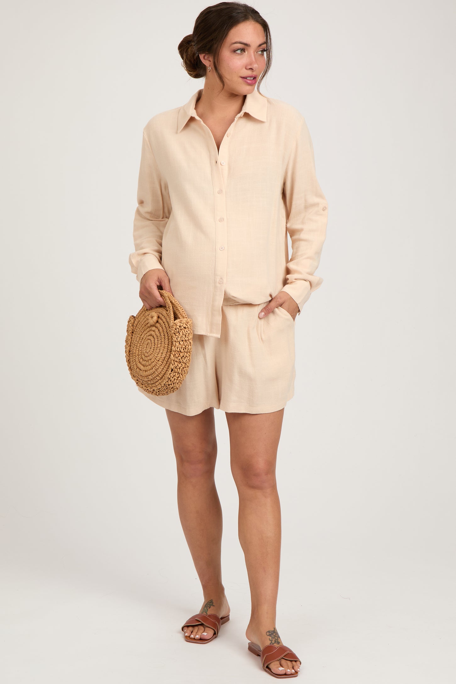 Cream Linen Button Down Long Sleeve Maternity Short Set