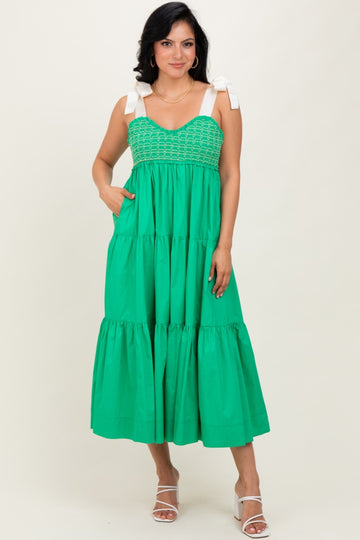 Green Ribbon Strap Tiered Maxi Dress