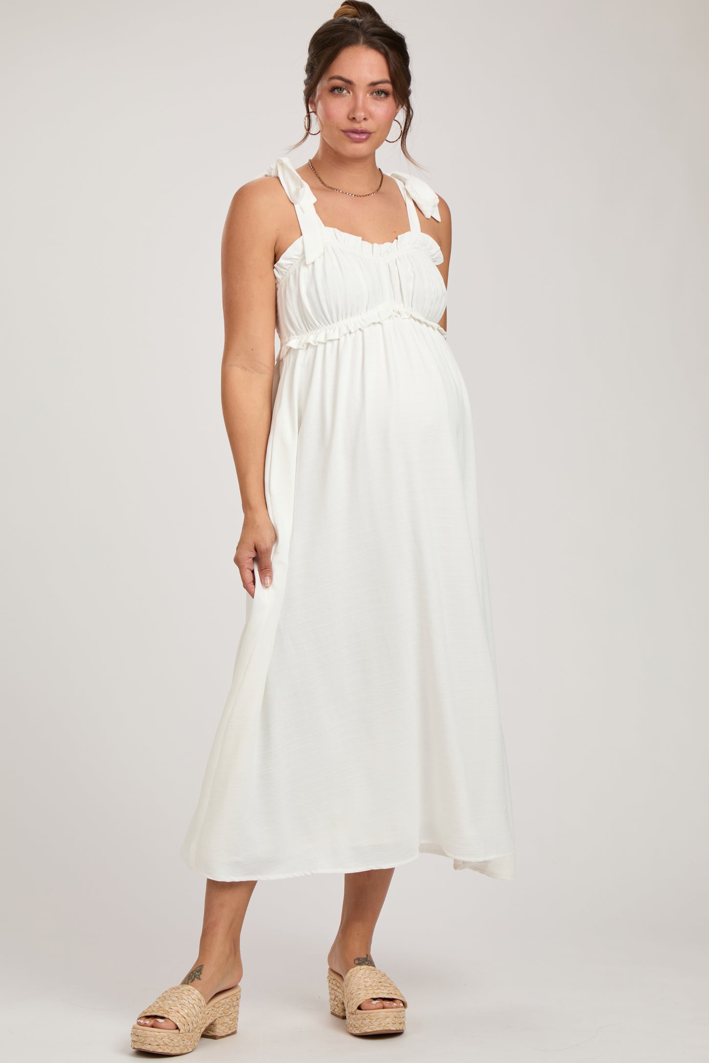 White Ruffle Accent Shoulder Tie Maternity Midi Dress