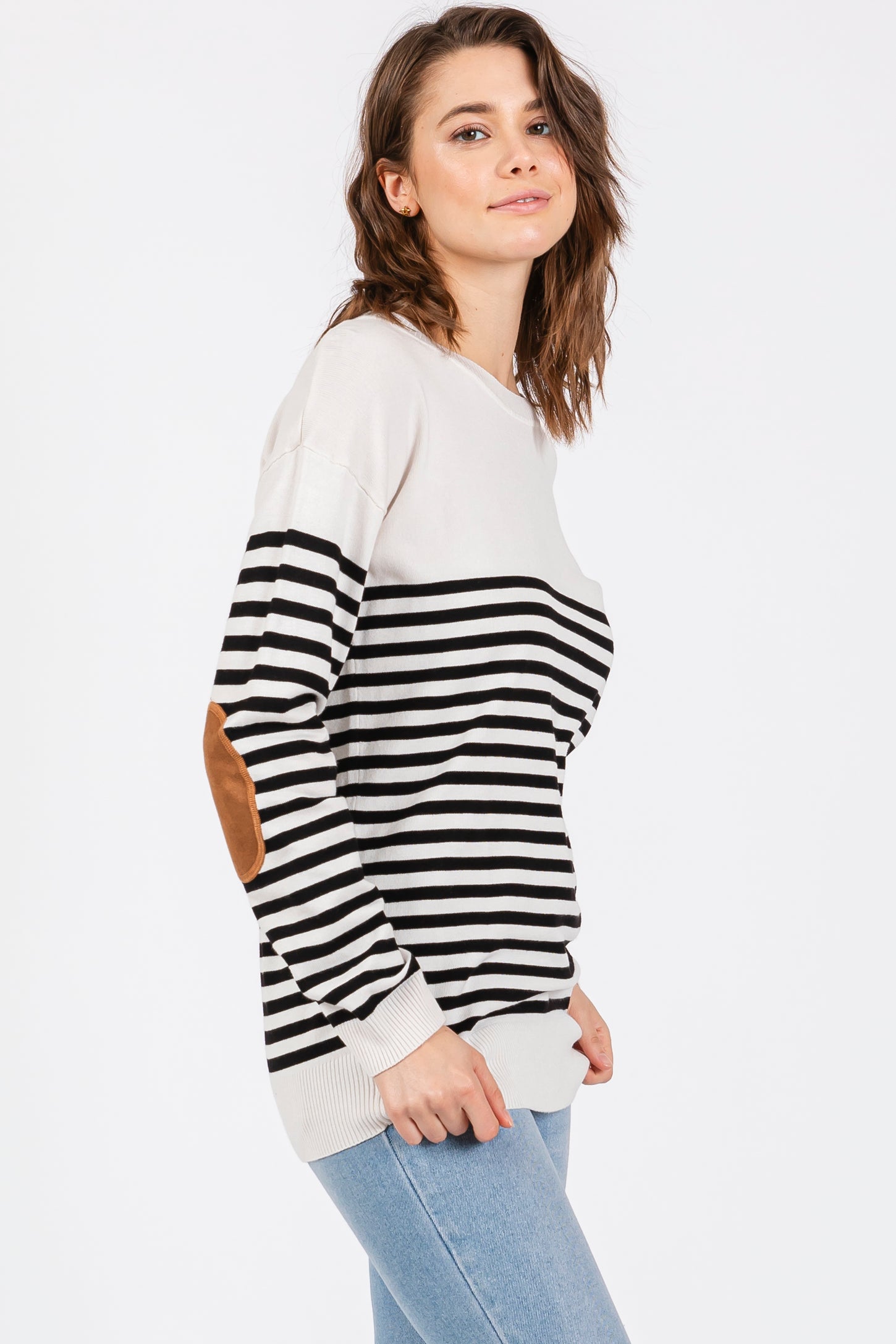White Striped Elbow Patch Knit Sweater