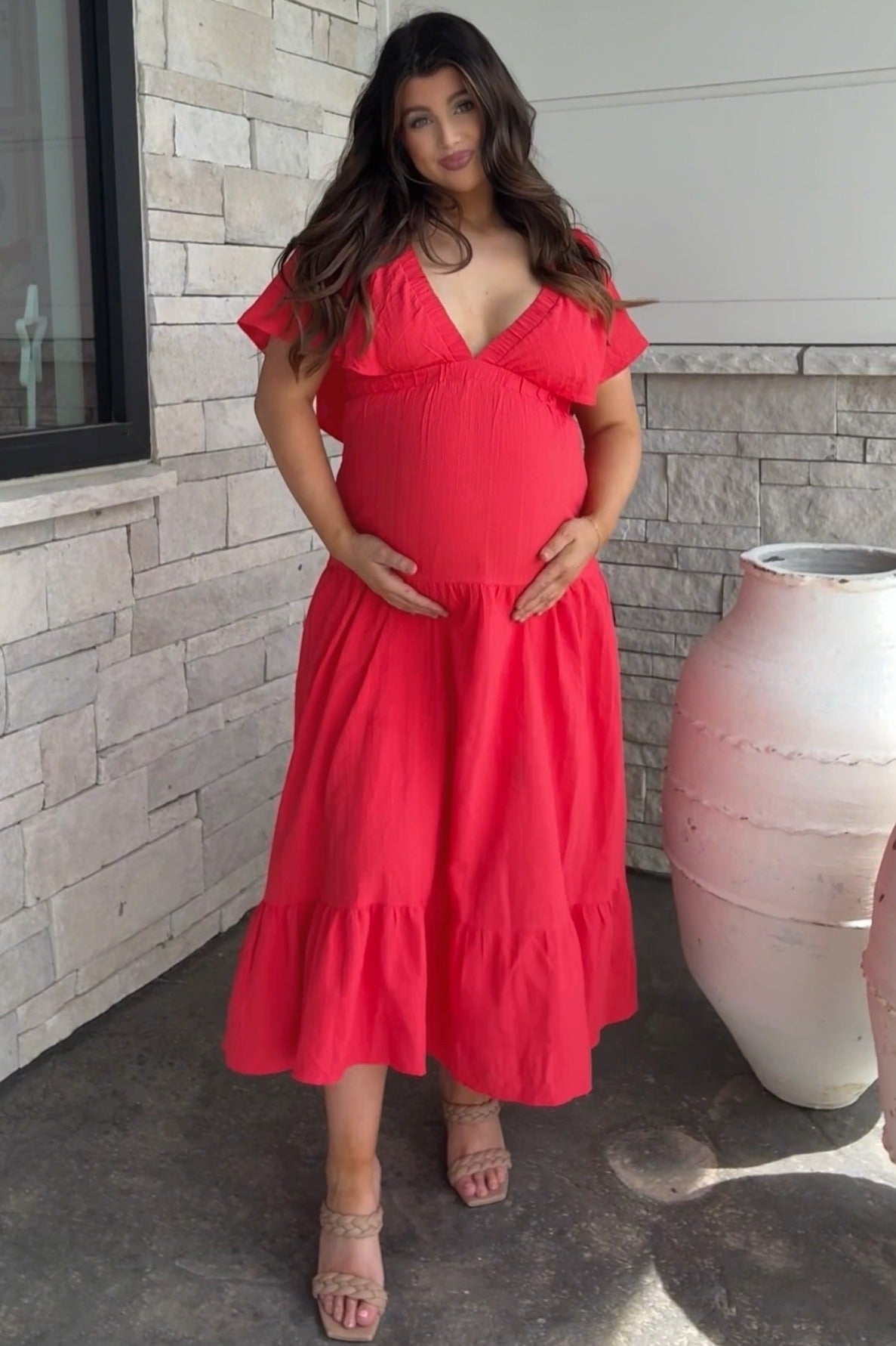 Coral Deep V-Neck Flutter Sleeve Tiered Maternity Midi Dress